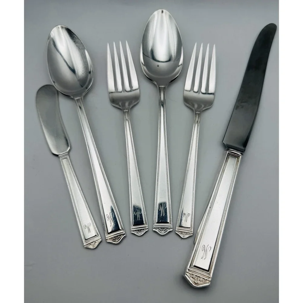 1847 Rogers Bros ANNIVERSARY Silverplate 6 Pc Monogram W 1923 Vintage Art Deco